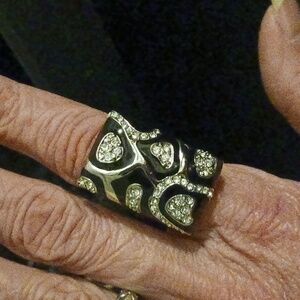 New! Large,black enamel,cz.,silver plated,ring!
